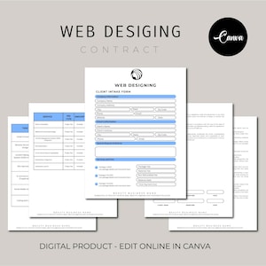 Op de afbeelding: Een afdrukbare webdesign-contracttemplate voor een schoonheidsbedrijf. De sjabloon bevat een klantintakeformulier met secties voor bedrijfsinformatie, klantgegevens, speciale verzoeken, diensten en kosten, en een handtekeningsregel. De sjabloon is ontworpen om te worden bewerkt in Canva.