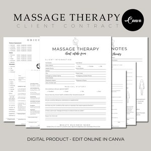 May include: A black and white printable client intake form for massage therapy. The form includes sections for client information, medical history, and notes. The form is designed to be edited online in Canva.