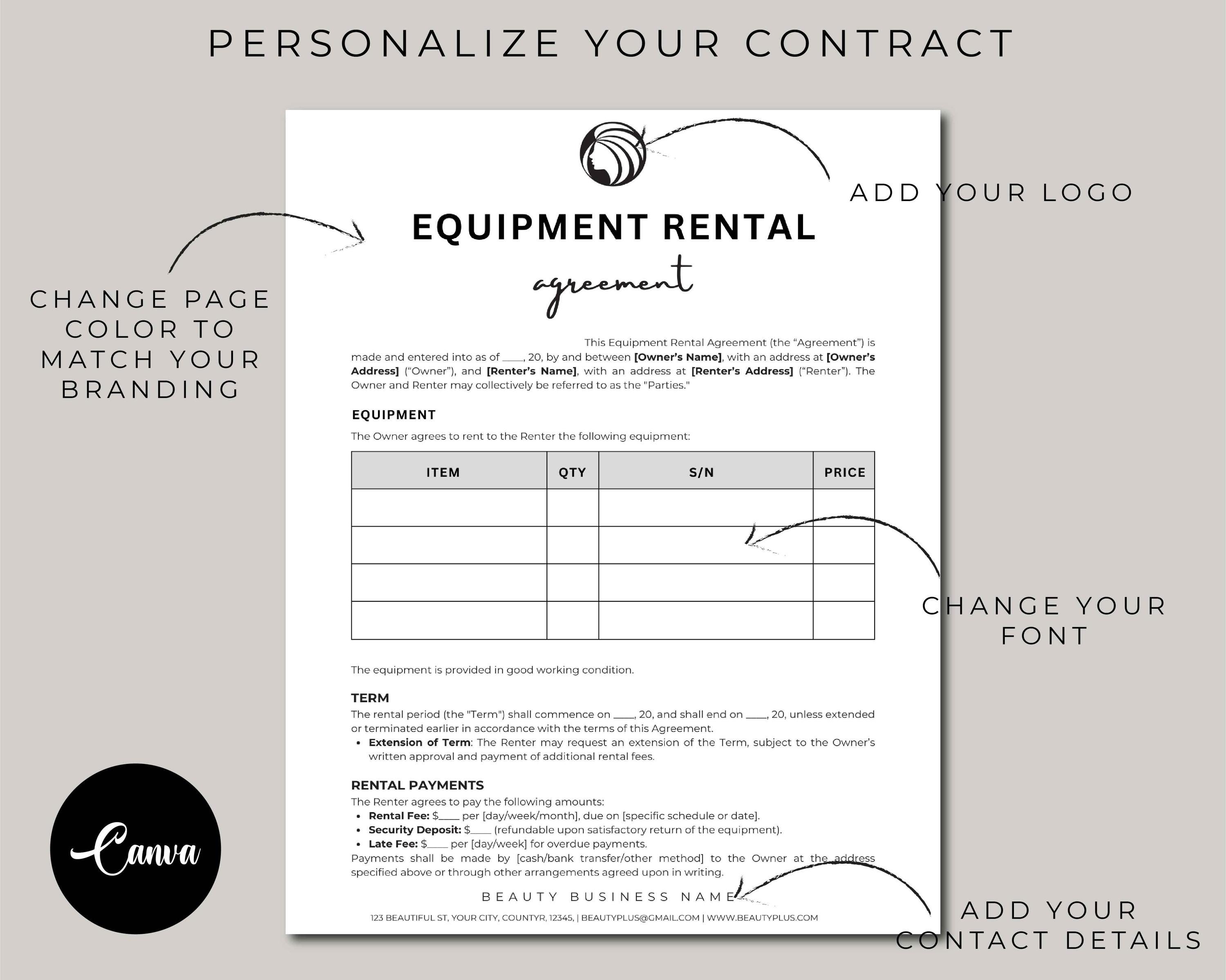 Editable Equipment Rental Agreement Template, Party Supplies Rental ...