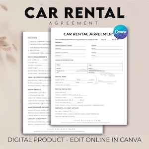 Editable Car Rental Contract Template, Car Rental Agreement Form, Vehicle Lease Contract, Vehicle Rental Agreement, Auto Rental Agreement