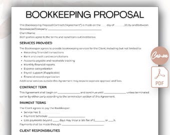 Bookkeeping Proposal Contract Template, Bookkeeping Client Agreement, Liability Form Template, Client Agreement Services Scope Payment Terms