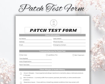 パッチテストフォーム - 美容パッチテストフォーム、パッチテストテンプレート、クライアントパッチテストフォーム、皮膚感受性同意書、パッチテストリリースフォーム