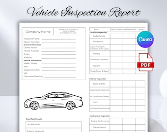 Printable Vehicle Inspection Report, Editable Car or Equipment Rental Inspection Checklist, Used Vehicle Inspection Sheet,Vehicle Evaluation