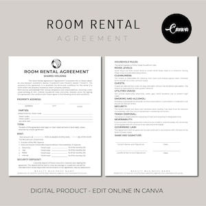 Room Rental Agreement Template, Roommate Room Rental Agreement, Room Rental Contract, Editable Room Tenancy Agreement, Editable Tenant Room
