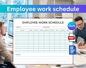 May include: A white employee work schedule template with the title "Employee Work Schedule" in a blue and purple gradient banner. The template includes sections for employee names and daily schedules. The Canva and PDF logos are visible.