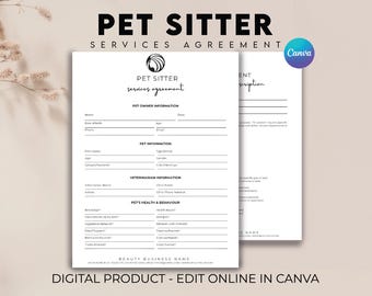 Pet Sitting Service Agreement, Pet Sitting Forms, Pet Sitter Template, Editable Pet Sitting Business Client Intake Form, Invoice Template