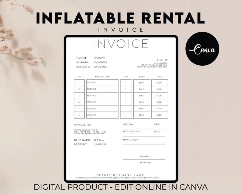 May include: A digital invoice template with the text "INFLATABLE RENTAL INVOICE". The invoice includes fields for invoice number, date, and due date. The Canva logo is in the upper right corner. The bottom of the image reads "DIGITAL PRODUCT - EDIT ONLINE IN CANVA".