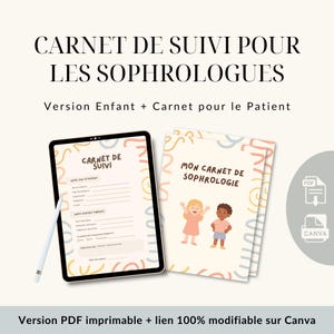 Peut inclure: Image d'un ensemble de suivi pour sophrologues, comprenant une tablette numérique avec un stylet et un carnet imprimé. La tablette affiche un formulaire "CARNET DE SUIVI". Le carnet porte l'inscription "MON CARNET DE SOPHROLOGIE" avec des illustrations d'enfants.