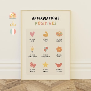 Op de afbeelding: Een ingelijste poster met de woorden "AFFIRMATIONS POSITIVES" in zwart en pastelkleuren. De poster bevat kleurrijke illustraties en Franse affirmaties zoals "JE SUIS AIMÉ" en "JE SUIS FORT".