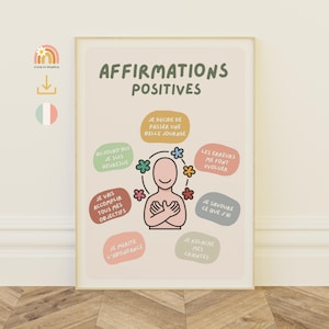 May include: A framed print with the words "AFFIRMATIONS POSITIVES" in green. The print features a central figure surrounded by colorful text bubbles with positive affirmations in French. The background is a light beige color.