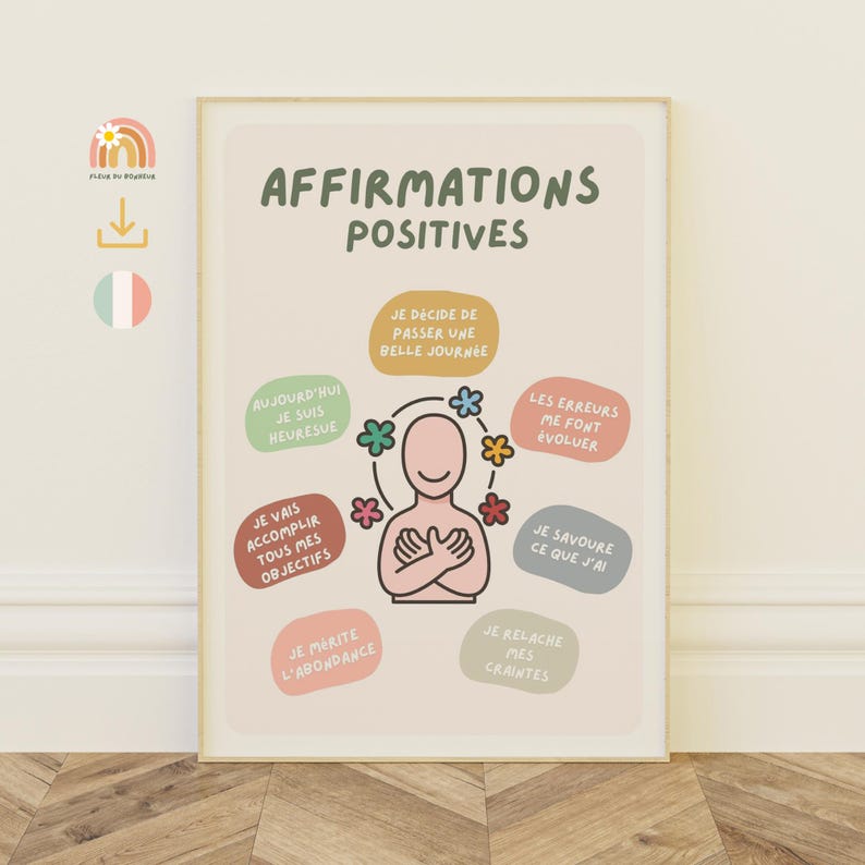 May include: A framed print with the words "AFFIRMATIONS POSITIVES" in green. The print features a central figure surrounded by colorful text bubbles with positive affirmations in French. The background is a light beige color.