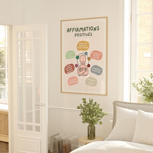 May include: A framed poster with the words "AFFIRMATIONS POSITIVES" in green and a cartoon figure with colorful affirmations. The poster is in a light wood frame and hangs on a white wall. The room has a bed and a small table with a vase of greenery.