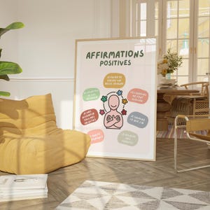 May include: A framed poster with the text "AFFIRMATIONS POSITIVES" in green. The poster features a cartoon figure surrounded by colorful affirmations in French. A yellow beanbag chair and a stack of books are in the foreground.