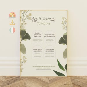 Puede incluir: Un póster enmarcado con el texto francés "Les 4 accords Toltèques", que presenta cuatro principios para una vida serena. El póster tiene un fondo beige con ilustraciones botánicas verdes y blancas.