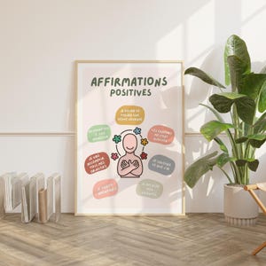 May include: A framed poster with the text "AFFIRMATIONS POSITIVES" and various affirmations in French. The poster features a stylized figure surrounded by colorful flower-like shapes and text bubbles with positive statements.