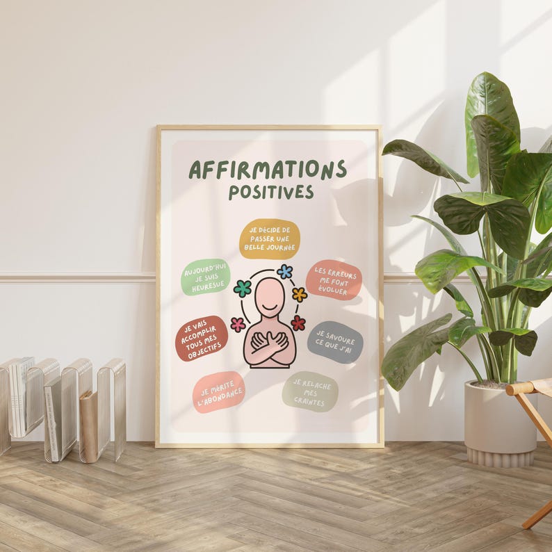 May include: A framed poster with the text "AFFIRMATIONS POSITIVES" and various affirmations in French. The poster features a stylized figure surrounded by colorful flower-like shapes and text bubbles with positive statements.