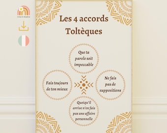 Poster of the Four Toltec Agreements in French: Spirituality, Tranquility & Wisdom, Spiritual Decoration, The Four Toltec Agreements