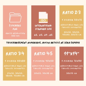 May include: Digital download information graphic with text in white on peach, yellow, and orange backgrounds. Includes file ratios, sizes in inches and centimeters, and file types. Text includes "5 PNG files", "High Resolution 300 DPI", and "International Standard Size".