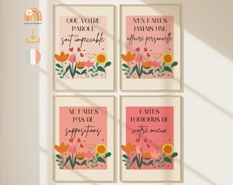 The Four Agreements in French, Four Agreements decorative poster, Spiritual quote poster, Pink floral posters