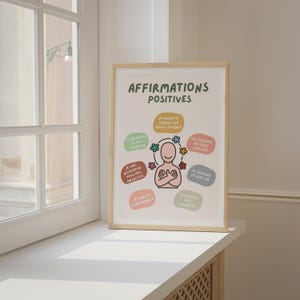 May include: A framed print with the words "AFFIRMATIONS POSITIVES" in green. The print features a cartoon figure with arms crossed, surrounded by colorful text bubbles with positive affirmations in French. The frame is light brown.