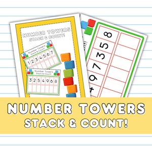 May include: A printable worksheet for kids to practice counting and number recognition. The worksheet features two number towers with the numbers 1-7 and 3-8. The worksheet also includes a number tower with blank spaces for kids to fill in the numbers.