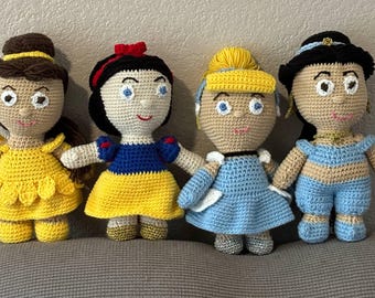Handcrafted Crochet Princess Dolls: Snow White, Cinderella, and Jasmine