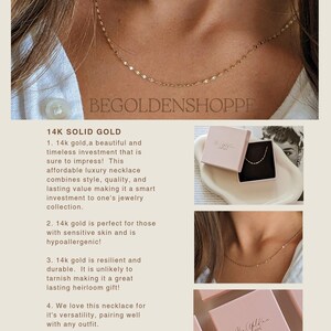 May include: A delicate 14K gold necklace with a subtle, shimmering design. The necklace is shown on a person's neck, showcasing its elegant simplicity. The image also includes the text "BEGOLDENSHOPPE".