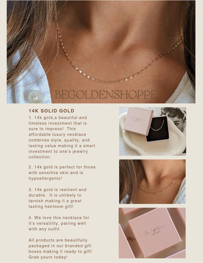 May include: A delicate 14K gold necklace with a subtle, shimmering design. The necklace is shown on a person's neck, showcasing its elegant simplicity. The image also includes the text "BEGOLDENSHOPPE".