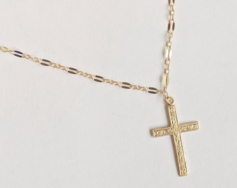 14K Gold-Filled Floral Cross Necklace, Christian Cross Pendant, Tarnish-Resistant Baptism First Communion Gift, Jesus Christ Jewelry