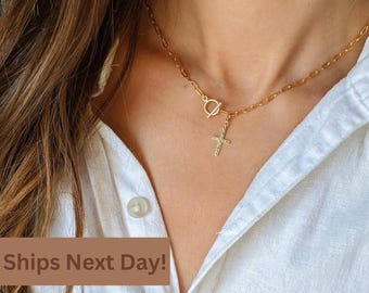 Collar con colgante de cruz floral y cadena tipo clip de oro de 14k, cierre de palanca, dije de cruz, joyería delicada para mujer, regalo para ella, regalo para mamá.