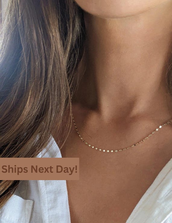 14K Solid Gold Sparkle Mirror Necklace, Gold Women's Necklace, Dainty Luxury Jewelry, Best Gold Necklace Anniversary Gift, Gift for Her.