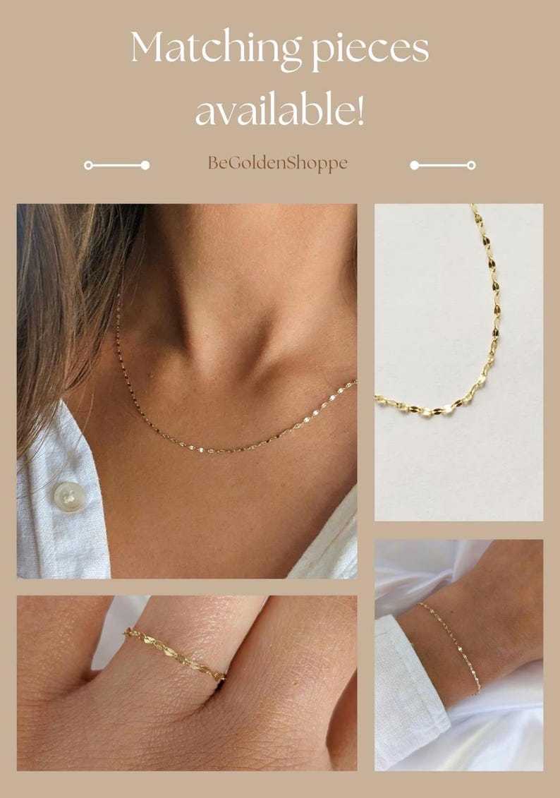 May include: Gold-toned jewelry set featuring a delicate necklace, bracelet, and ring. The necklace is worn around the neck, the bracelet on the wrist, and the ring on a finger. The text "Matching pieces available!" is displayed.