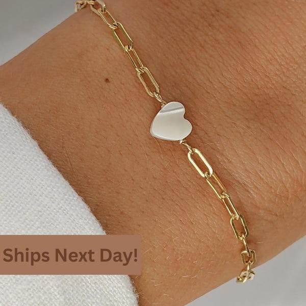 14k Gold-Filled Paperclip Chain Mother of Pearl Heart Bracelet,  Meaningful gift, Stackable Gold bracelet, Gift for Her, Waterproof Chain.