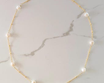 14k Gold-Filled Dainty Satellite Chain Freshwater Pearl Necklace, Pearl Jewelry Gift for Her, Minimilist Layering Necklace, Bridesmaid Gift.