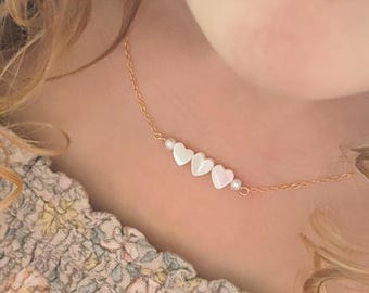 Girl Heart Necklace, 14k Gold-Filled Chain Heart Pearl Necklace, Gold Heart Jewelry, Girl Birthday gift, Toddler birthday present, teen gift