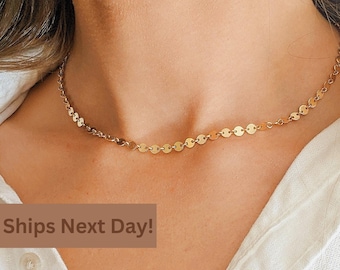 Elegant Luxury 14K Gold-Filled Disc Chain Necklace, Sequin Dainty Chain, Simple Gold Everyday Jewelry, Gift for Her, Layer Chain Necklace.
