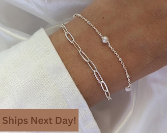 Sterling Silver Bracelet Set | Chunky Paperclip Chain + Dainty Pearl Satellite Bracelet | Gift for Her | Stacking Bracelet Set