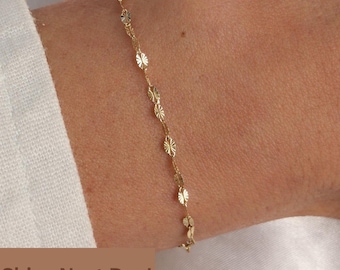 14k Solid Gold Disc Chain Bracelet | Dainty Starburst Real Gold Sparkle Bracelet |Sunburst Chain| Everyday Minimalist Jewelry for Women