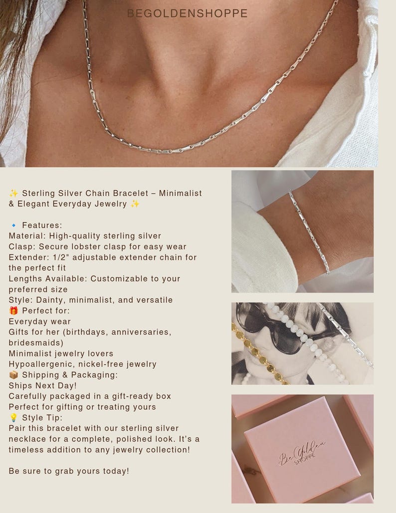 Puede incluir: Pulsera de cadena de plata de ley con un cierre de langosta seguro. La pulsera es delicada y minimalista, perfecta para el uso diario. Est&aacute; disponible en varias longitudes y se puede personalizar para que se ajuste a tu tama&ntilde;o preferido.