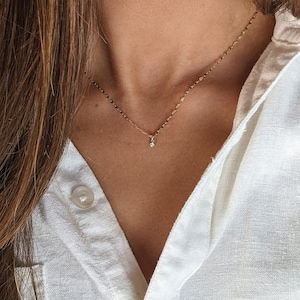 Dainty 14k Solid Gold Diamond Necklace, Timeless Bridal Jewelry, Bridesmaid Gift, Birthday Gift for Her, Wedding Diamond Pendant for Women.