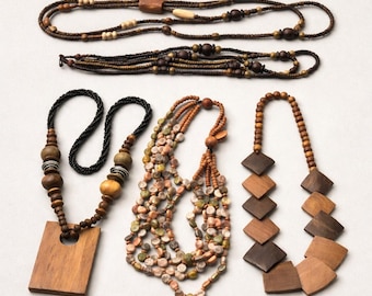 Collar llamativo estilo boho, collar de madera vintage para mujer, collar grueso, estilo étnico de los años 70, collar llamativo maximalista largo, hippie