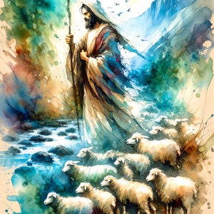 May include: Watercolor painting of a man in a white robe with a staff, leading a flock of white sheep through a stream. The background is a blue and green watercolor wash.
