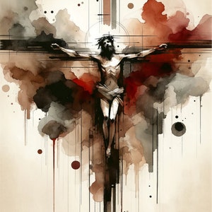Könnte beinhalten: Ein Aquarellbild einer Person auf einem Kreuz mit einer Dornenkrone. Der Hintergrund ist hellbraun mit Spritzern von Rot, Schwarz und Grau.