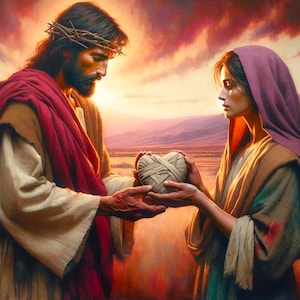 May include: A painting depicting a man with a crown of thorns offering a heart wrapped in cloth to a woman wearing a purple headscarf. The scene is set against a sunset backdrop with mountains in the distance.