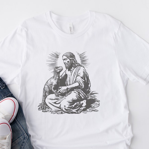 Jesus Holding Dinosaur T Shirt Funny Shirts for Men Women Offensive T Shirts Weird Unusual Raptor Cool Christian Shirts Graphic Funny shirt