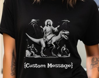 Jesus Riding Dinosaur T-Shirt: Funny UFO Graphic Tee
