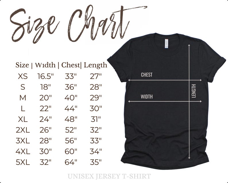 Puede incluir: Camiseta unisex negra con una tabla de tallas. La tabla enumera las tallas XS a 5XL, con medidas de ancho, pecho y largo en cent&iacute;metros. La tabla se muestra junto a la camiseta, con flechas que indican el pecho, el ancho y el largo.