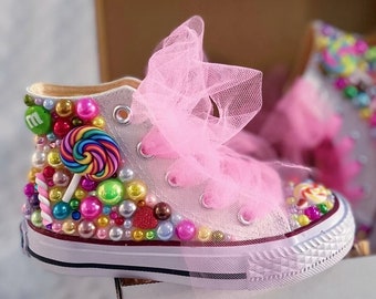 Custom Rainbow Pearl Rhinestone High Top Party Sneakers | Candy Land | Toddler Girls Birthday Shoes | Lollipop M&M's Bling | 1st Birthday