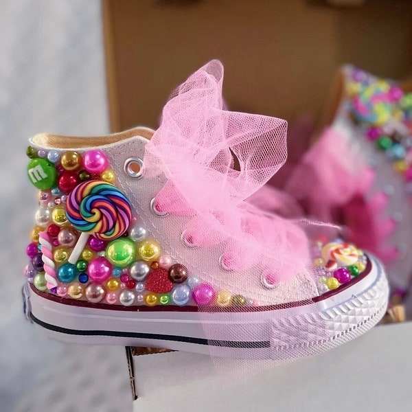 Custom Rainbow Pearl Rhinestone High Top Party Sneakers | Candy Land | Toddler Girls Birthday Shoes | Lollipop M&M's Bling | 1st Birthday