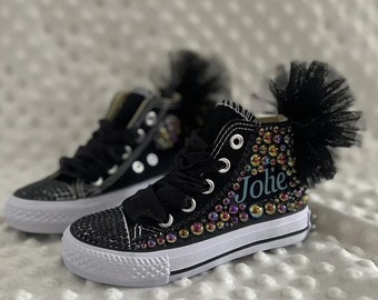 Kids Bling Custom Personalized Sneakers | Birthday Shoes | Special Occasion Shoes | Little Girl Toddler Gift | Black High Top Sneakers